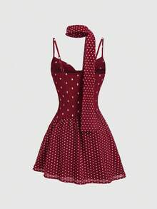 Sweetra Đầm hai dây chấm bi màu đỏ rượu vang, kiểu dáng retro gợi cảm với dải ruy băng chấm bi rủ xuống, eo thả lỏng, vạt bất đối xứng, đa năng cho kỳ nghỉ, hẹn hò và mặc hàng ngày. - Màu Đỏ Sâu - Xem 2