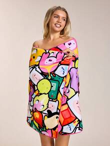 ADVENTURE TIME X SHEIN 1件卡通印花浴巾、海灘巾，可用於海灘、游泳巾 - 粉色 - 查看 4