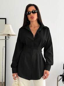 EURMUSE Women's Solid Color Fit Waist Detail Long Sleeve Blouse Women Shirt, Elegant Smart Casual Style Shirt Office Brunch Black Autumn - Black - View 4