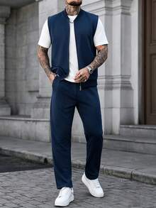 Manfinity Homme Conjunto de chaleco y pantalones de unicolor con cremallera para hombre - Azul Marino - Ver 5