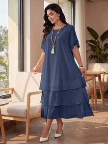 Auveirra Plus Size Casual Dress, White Round Neck Sleeveless Asymmetrical Flowing Hem Bohemian Dress, Suitable For Spring/Summer/Vacation Elegant - Dusty Blue - View 8