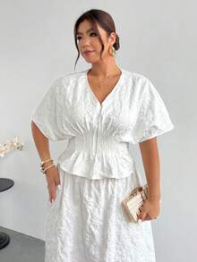 Firerie Plus Size Solid V-Neck Short Sleeve Top And Skirt 2-Piece Set, Elegant White Two Piece For Women Wedding Vacation Bride Guest Brunch Party Summer - Apricot - View 2