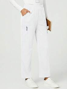 TaskEZ Solid Color Slant Pocket Elastic Waist Pants, Scrub Bottom - White - View 4
