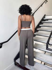 Alexandranx Women's Fashion 2 Pieces Set, Contrasting Color Splice 2 In 1 Cami Top & Pants, Suitable For Spring & Summer Casual Wear,Summer Sets - Dark Grey - View 2