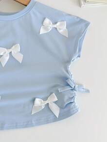 SHEIN LMoss Kids 女婴可爱休闲百搭针织蝴蝶结短袖上衣，夏季 - 淺藍色 - 查看 5