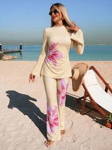 Swim Shayni 26SS 夏季海滩度假女士保守粉紫渐变长袖喇叭裤布基尼套装 - 彩色 - 查看 3