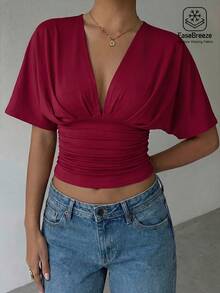 Aloruh Sexy Solid Deep V-Neck Ruched Waist T-Shirt, Summer,Summer Top - Red - View 5