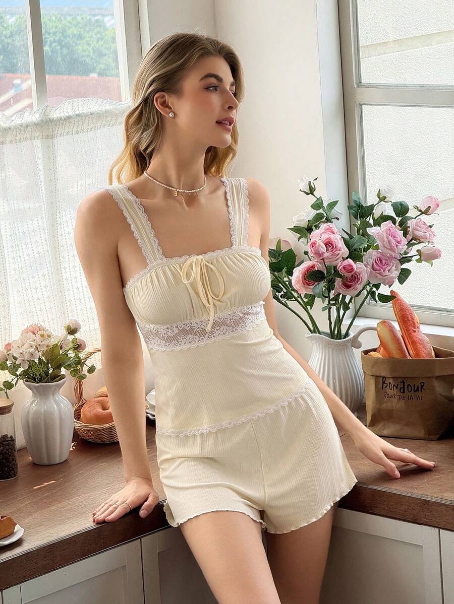 Snug Reverie Solid Color Knit Jacquard Lace Patchwork Wide Strap Sleeveless Backless Top And Shorts Women Pajama Set Sleeping Pale Yellow Summer Cute - Apricot - View 1