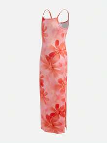 SHEIN Đầm xẻ tà màu cam in hoa nhiệt đới cho bé gái tuổi teen, kiểu dáng thường ngày, thích hợp cho tiệc trà chiều, lễ Phục sinh, lễ hội Carnival, du thuyền biển, kỳ nghỉ biển. - trái cam - Xem 4