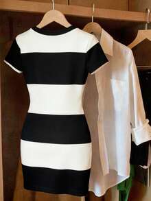 INAWLY Women's Contrast Color Minimalist Round Neck Short Sleeve Mini Dress - Black and White - View 2