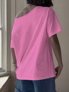 DAZY Loose Casual Beach Vacation Graphic Print White T-Shirt For Women, Spring & Summer - Pink - View 2