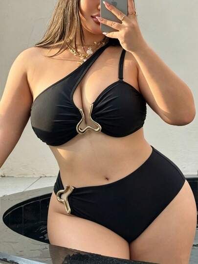 Swim SXY 2026 New Plus Size Women Beach Vacation Solid Color Asymmetric Metal Decor Halter Top And Asymmetric Metal Decor Triangle Bottoms Sexy Swimsuit Set