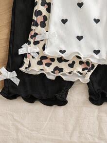 SHEIN Vintaside Kids Bộ 3 món cho bé gái sơ sinh và trẻ nhỏ 0-3 tuổi, kiểu dáng mùa xuân hè, chất liệu thun co giãn, họa tiết trái tim và da báo, thích hợp mặc ở nhà và ngoài trời. - Nhiều màu - Xem 5