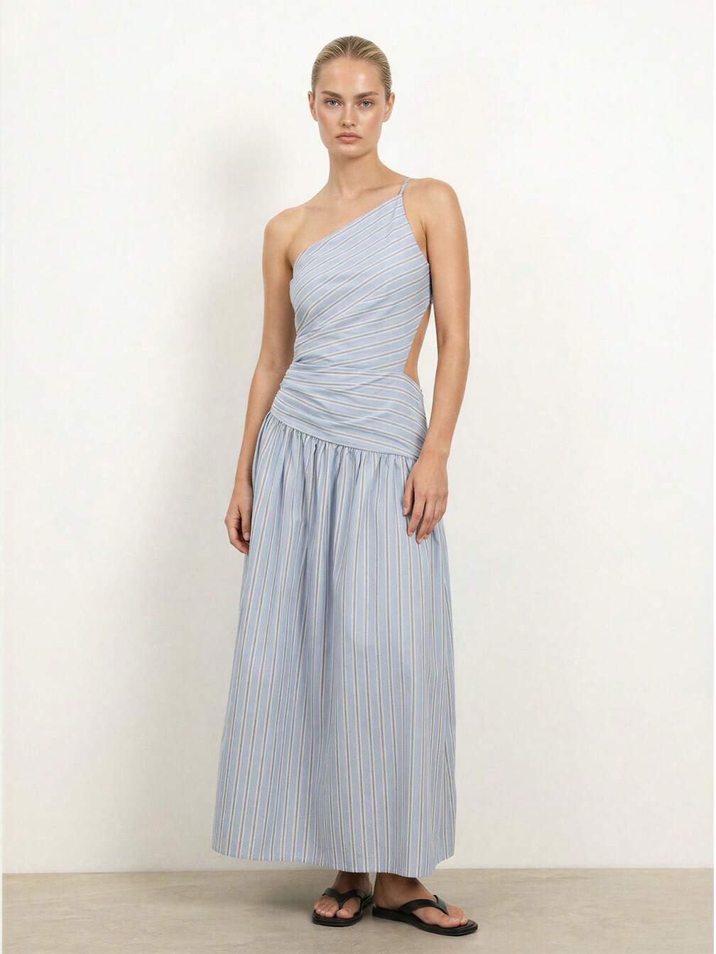 one shoulder striped dress Dress/Mint S Team it with mules and a tote for an unforgettable look Innovare Denim Kaleho One Shoulder