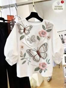 SHEIN Franclia Áo kiểu dáng rộng rãi, cổ tròn, in họa tiết, thời trang, phù hợp cho đi làm, mặc hàng ngày, đi học, dự tiệc sinh nhật. - trắng - Xem 1