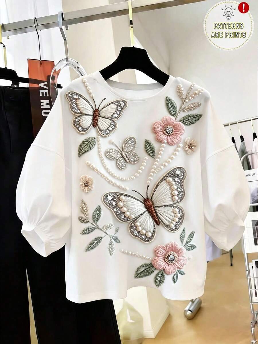SHEIN Franclia Áo kiểu dáng rộng rãi, cổ tròn, in họa tiết, thời trang, phù hợp cho đi làm, mặc hàng ngày, đi học, dự tiệc sinh nhật. - trắng - Xem 1