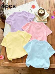 SHEIN Vintaside Kids 4件套女童休闲时尚创意简约可爱小猫、蝴蝶结、花朵、爱心、眼镜图案印花短袖T恤，紫色、粉色、黄色、蓝色可选，舒适日常穿着，适合温暖的夏秋款式 - 彩色 - 查看 2