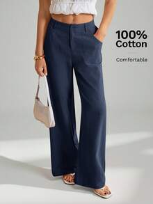 SHEIN Tall Quần ống đứng cạp thấp, chất liệu 100% cotton đã qua xử lý giặt. - Màu xanh hải quân - Xem 5