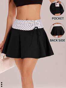 WanderVale Women's Summer Polka Dot Print Drawstring Pleated Twist Casual Sports Yoga Pants Skirt - Black - View 8