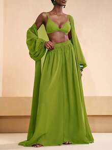 Conjunto de camisa y pantalones de playa elegante y casual para vacaciones 2026 - Verde Limelight - Ver 3