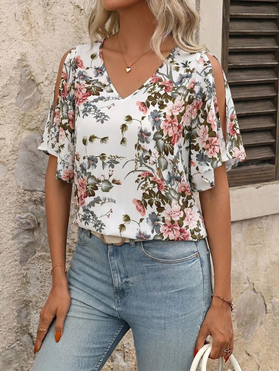 SHEIN Clasi Women's V-Neck Floral Print Ruffle Sleeve Split Hem Blouse,Summer Top Vacation White Floral Elegant - White - View 1