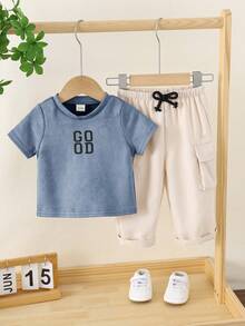 SHEIN 2pcs/Set Baby Boy Casual Letter Print Short Sleeve T-Shirt Top And Wide Leg Pants Set, Summer & Spring - Multicolor - View 4
