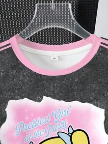 THE POWERPUFF GIRLS X SHEIN Bộ áo thun ngắn tay cổ tròn kẻ sọc in hình hoạt hình dễ thương dành cho bé gái tuổi teen, thích hợp mặc mùa hè. - trắng - Xem 4