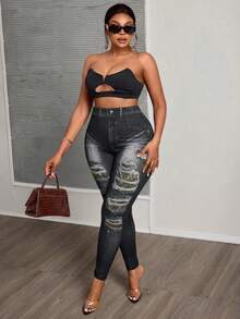 Slaydiva Plus Size Full Print Textured Leggings, Suitable For Music Festival - Dark Grey - View 4
