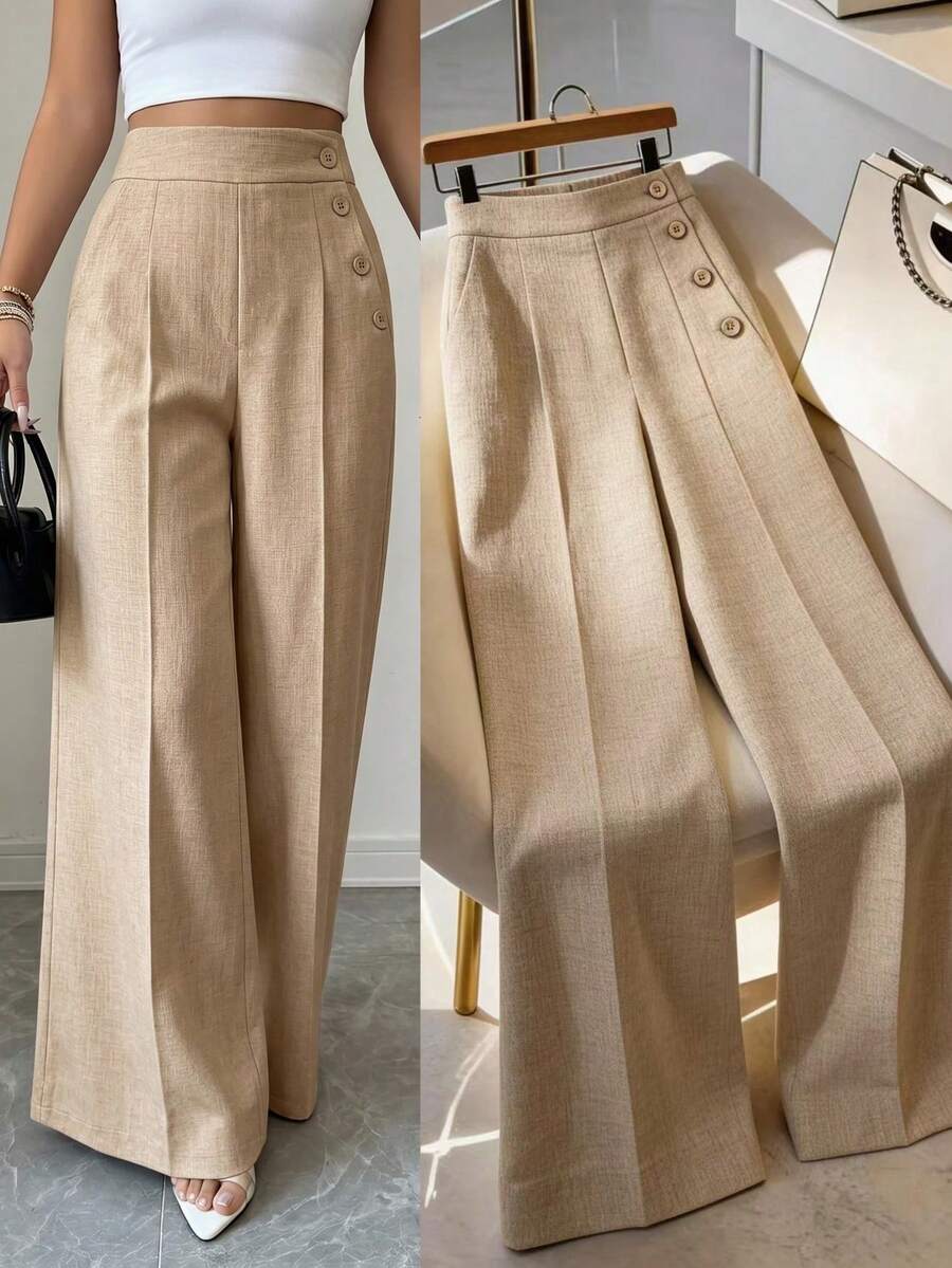 Elenzga Women's New Casual Wide Leg Pants, Textured Linen-Like Fabric, Button Decor, Khaki Color, Suitable For Daily, Vacation, Commute, Spring & Summer, Wide Leg Pants - Khaki - View 1