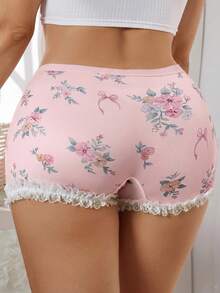 Plus Size Women Cute Floral Bow Decor Briefs - Pink - View 2
