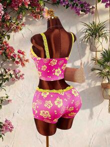 Amplova Ensemble 2 pièces de camisole et mini-short avec patchwork de dentelle et nœud décoratif, de couleurs contrastées - Rose bonbon - Voir 8