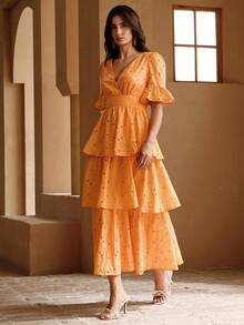 Anewsta Elegant V-Neck Orange Woven Vacation Dress For Women - Orange - View 6