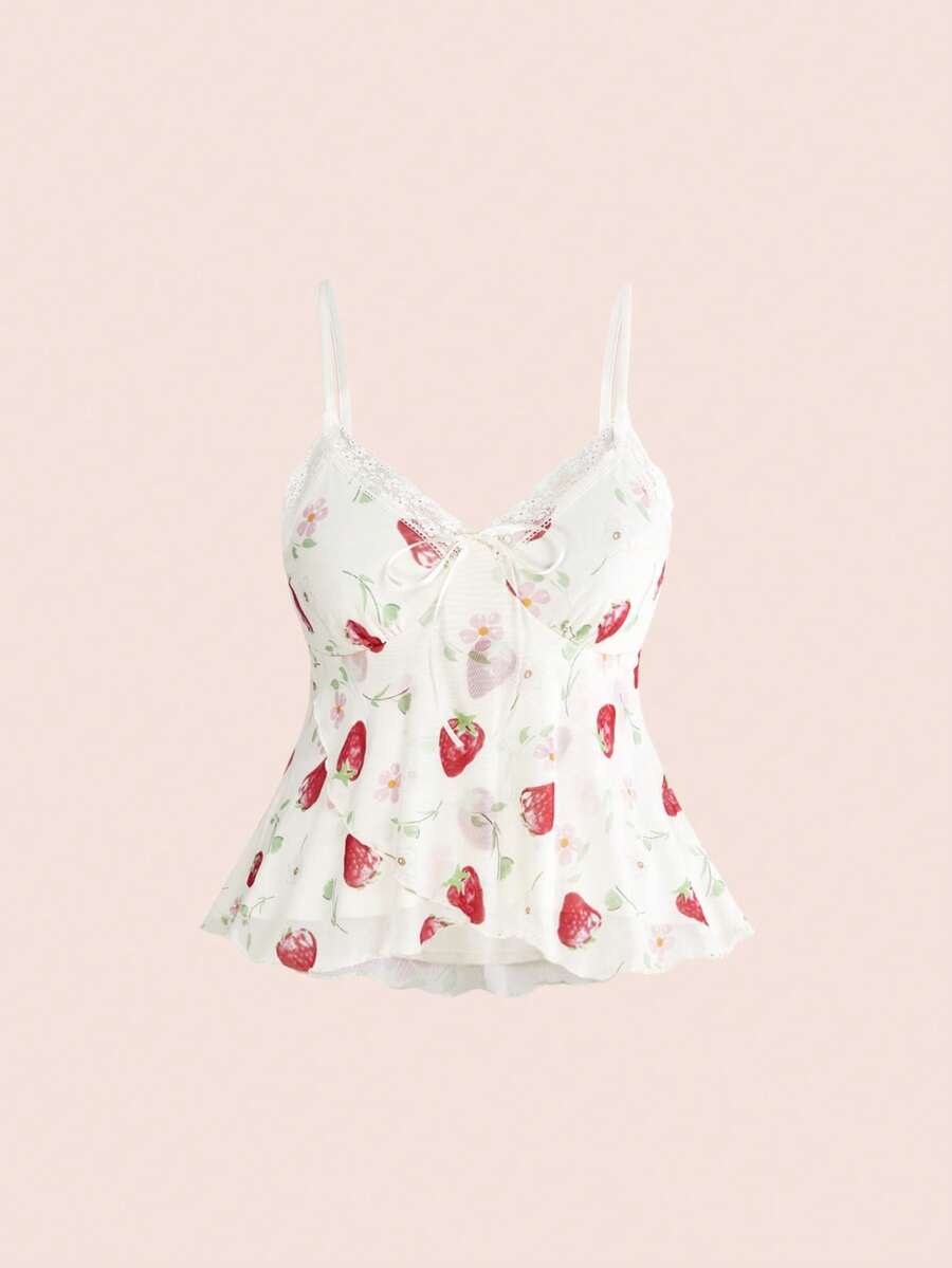 Sweetness Plus Size Summer Outfits Strawberry & Floral Print Lace Patchwork Ribbon Tie Asymmetrical Hem Camisole And Tank Top - Beige - View 1