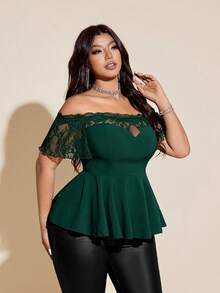Viva Relle Plus Size Sexig Spets Patchwork Off Shoulder Svart Slim Fit Blus - Mörk Grön - Visa 4