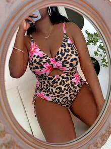 Slaydiva Plus Size Leopard & Floral Print One-Piece Swimsuit - Multicolor - View 3