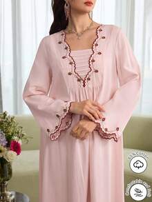 Al Najma Đầm tay xòe thêu tinh tế, thời trang cho mùa xuân/hè. - Hồng - Xem 7