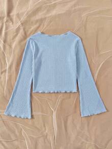 Tween Girls Casual Everyday Knit Collar Ruffle Trim Blue Fitted Cardigan With Flare Sleeves - Blue - View 2