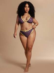 SHEIN BAE Swim Mod 2026 新款大尺碼女款兩件式隨機幾何印花時尚度假休閒極簡顯瘦保守蝴蝶結可調節粗肩帶高腰高衩三角比基尼泳衣女款泳裝 - 彩色 - 查看 3