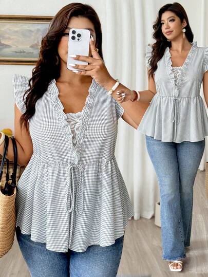 Weeklong Plus Size Plaid Ruffle V-Neck Patchwork Lace Trim 2 In 1 Blouse, Summer Drawstring Waist Loose Flowy Top, Countryside Plaid Ruffle Lace Trim 2 In 1 V-Neck Tie Neck Blouse, Suitable For Spring/Summer Vacation, Picnic, Casual Wear