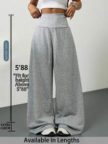 SHEIN Tall CURVE 大码高腰灰色针织抓绒抽绳宽松运动裤，适合冬季毕业季、返校季、毕业典礼、教师装等场合。秋季返校季女士阔腿运动裤，灰色宽松舒适裤 - 灰色 - 查看 3