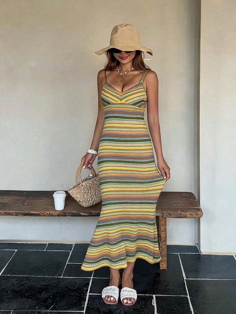 Spaghetti Strap Striped Knit Dress For Women