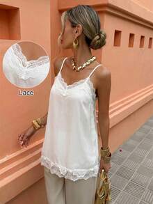 Weeklong Women's Urban Casual Lace Slit Hem Patchwork Solid Color Short Camisole Top - White - View 1