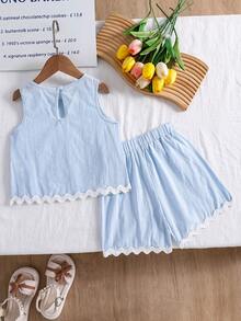 Elladie kids Setelan Kaos Tanpa Lengan dengan Hem Kontras Berbahan Kain Bertekstur untuk Anak Perempuan - Baby Blue - View 2