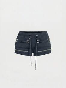 ROMWE Grunge Punk Shorts mini de tiro súper bajo con ojales metálicos y cordones en estilo retro Y2K desgastado - Gris Oscuro - Ver 1