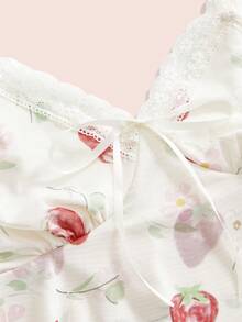 Sweetness Plus Size Summer Outfits Strawberry & Floral Print Lace Patchwork Ribbon Tie Asymmetrical Hem Camisole And Tank Top - Beige - View 3