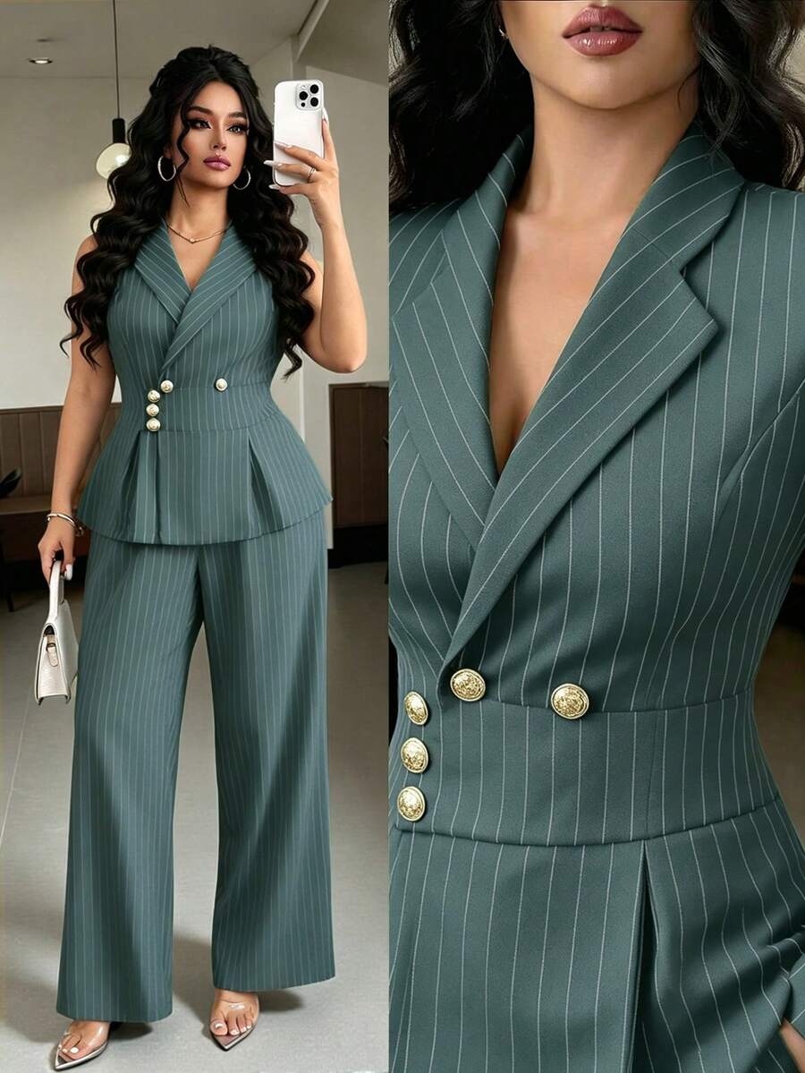 Elenzga Plus Size Women Commuting Minimalist Striped Vest And Pants 2 Pieces Set - Teal Blue - View 1