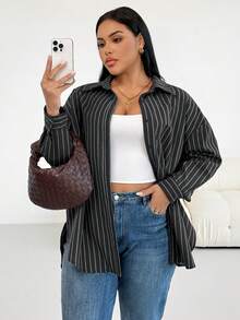SHEIN Essnce 大码女装秋冬时尚休闲宽松舒适日常百搭显瘦棕色条纹超宽松纽扣衬衫，秋季穿搭，女士衬衫，简约风格，工作上衣 - 深灰色 - 查看 3