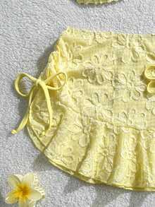 Swim Mod 3pcs Set: Lightweight Spaghetti Strap Crop Top, Tie Side Triangle Bottoms, And Ruffle Drawstring Mini Skirt - Yellow - View 3