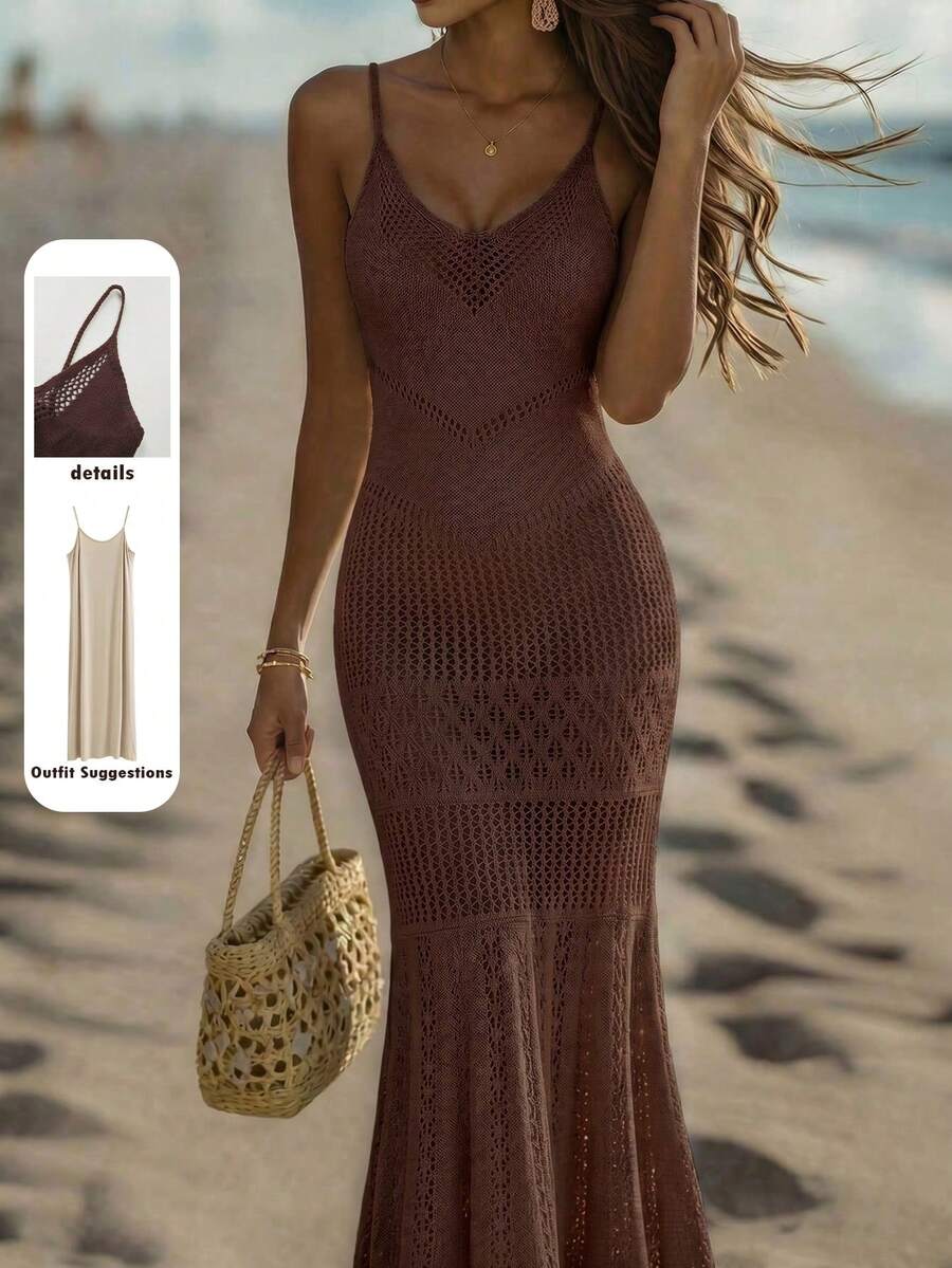 Breezaya Đầm hè mới cho nữ, đầm maxi dệt kim màu be, dây mảnh, cổ chữ V, họa tiết ren xếp tầng, eo ôm sát, vẻ quyến rũ nữ tính ven biển và phong cách thường ngày vượt thời gian. - Cà phê nâu - Xem 1