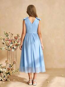 SHEIN Elegantes Mädchenkleid aus Chiffon Einfarbig mit 3D-Schleifen-Schulterdesign, leicht und weich, geeignet für Urlaub, Abschluss, Schulanfang, Hochzeitssaison, Partys und formelle Anlässe - Pink - Übersicht 2